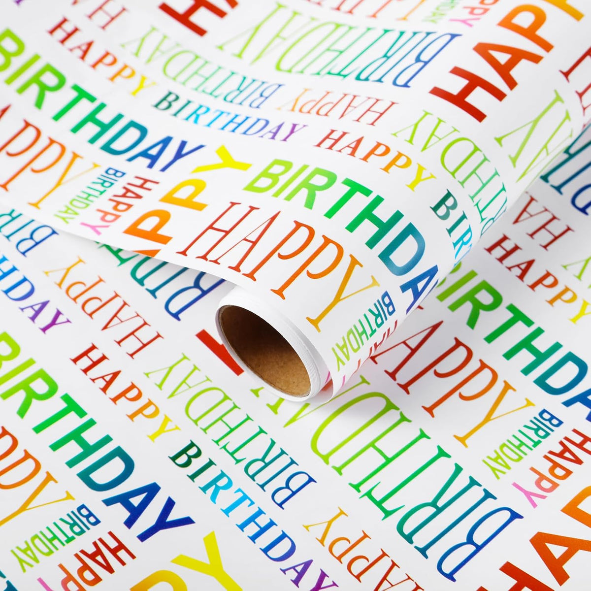 Happy Birthday Wrapping Paper Roll, 17 Inch X 32.8 Feet, Colorful Text Happy Birthday Design Gift Wrap For Birthday, Gift Packaging, Baby Shower, Holiday, Party