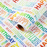 Happy Birthday Wrapping Paper Roll, 17 Inch X 32.8 Feet, Colorful Text Happy Birthday Design Gift Wrap For Birthday, Gift Packaging, Baby Shower, Holiday, Party
