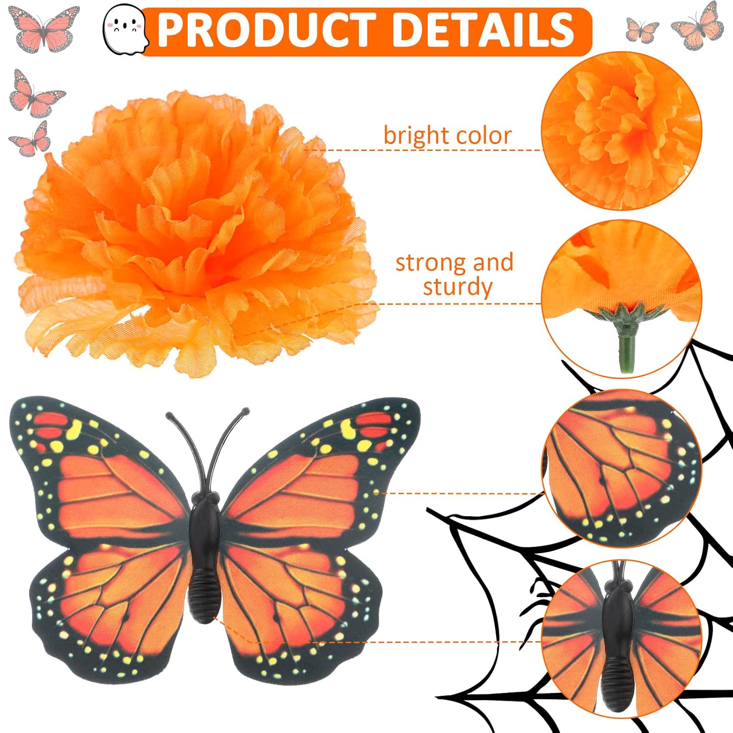160 Pcs Artificial Marigold Flowers Monarch Butterfly Decoration Kit Dia De Los Muertos Decor Day Of The Dead Decorations 60 Butterflies And 100 Marigold Flower For Halloween Fall Diwali Mexican