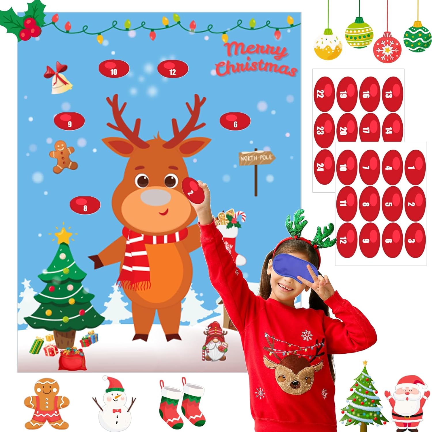 Christmas Party Games For Kids Pin The Nose On The Reindeer Xmas Activities Holiday Party Game With 24Pcs Nose Stickers Pin The Tail Christmas Party Favors Supplies For Adults
