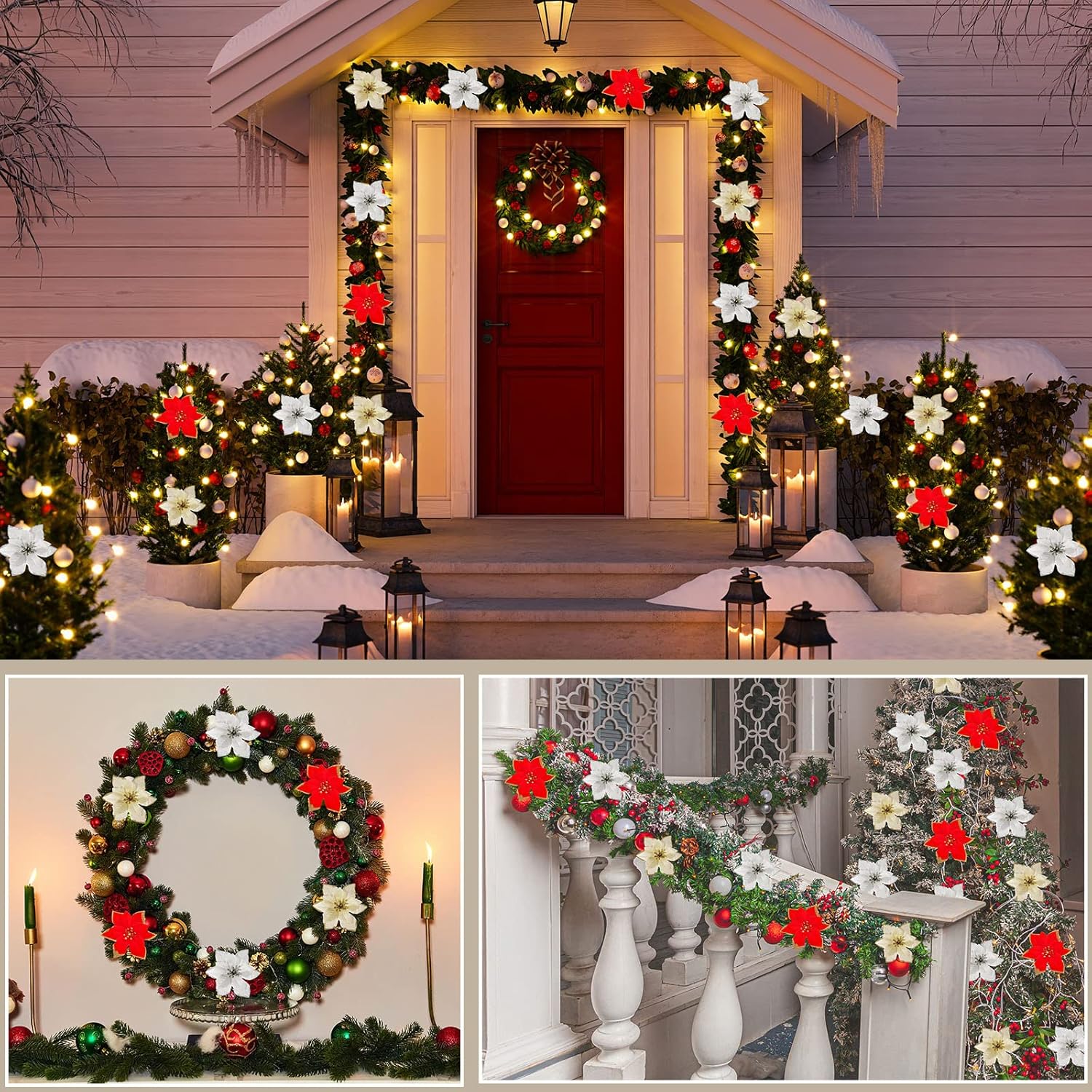 100 Pieces Christmas Glitter Artificial Poinsettia Flowers With Clips And Stems 5 Inch Poinsettia Artificial Decorations Christmas Tree Flowers Ornaments(Red, Gold, Silver)
