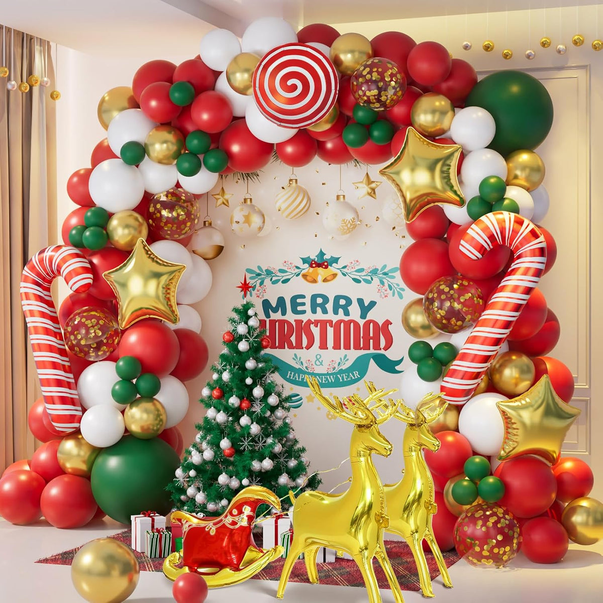 138Pcs Christmas Balloon Garland Arch Kit With Red Green Gold White Balloons Candy Balloon Sequin Balloons Moose Sleigh Balloon For Christmas Party Decorations Supplies