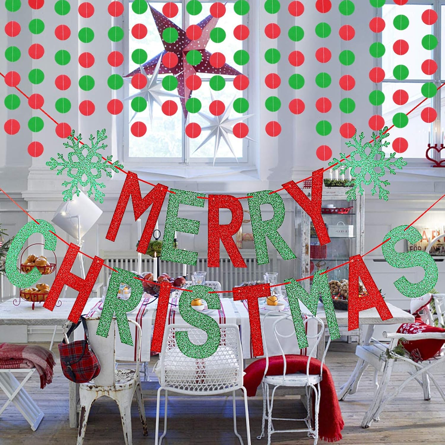 Red And Green Merry Christmas Banner Merry Christmas Garland Banner, Christmas Party Banner Merry Xmas Banner For Xmas Holiday Fireplace Mantle Home Decor