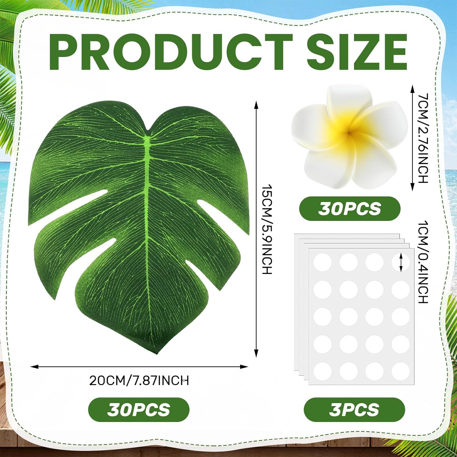 60 Pcs Tropical Party Decor Supplies 30 Pcs 8" Fak Monstera Leaves 30 Pcs 2.75" Artificial Plumeria Flower And Glue For Hawaiian Luau Jungle Beach Theme Table Wedding Party(White)