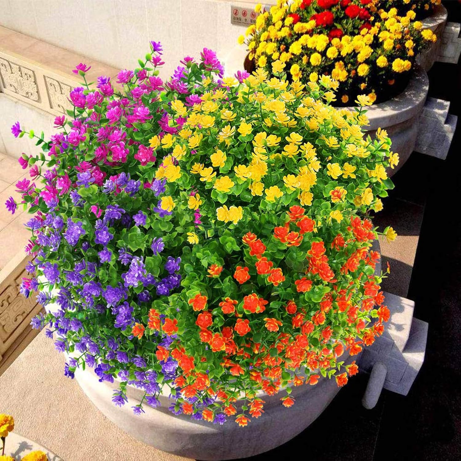 8 Bundles Outdoor Artificial Fake Flowers Uv Resistant No Fade Boxwood Faux Plastic Plants For Garden Patio Porch Window Box Home Wedding Farmhouse Décor (Orange Red)
