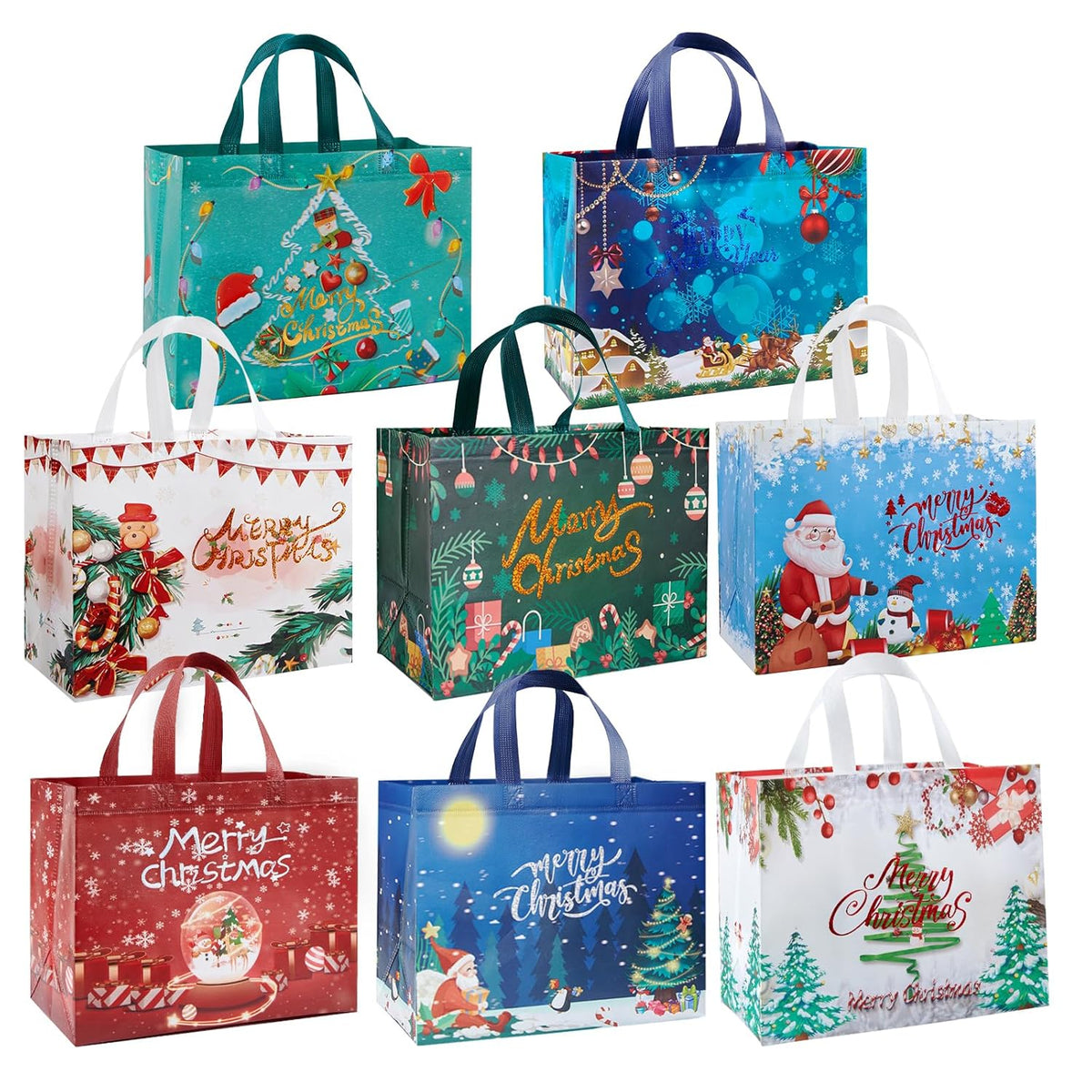 8 Pack Christmas Gift Bags With Handles, Large Non-Woven Tote Bags For Wrapping Xmas Party Favors, 12.8"X9.8"X6.7
