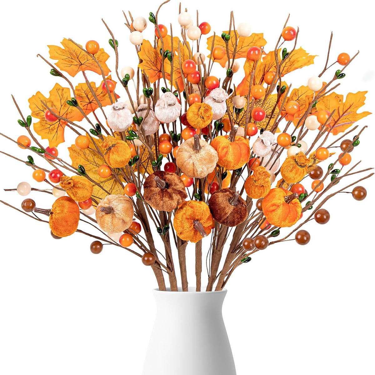 8Pcs Fall Artificial Flowers Pumpkin Picks Decor - Berry Stems With Maple Leaves For Autumn Thanksgiving Home Vase Table Centerpiece Decoration