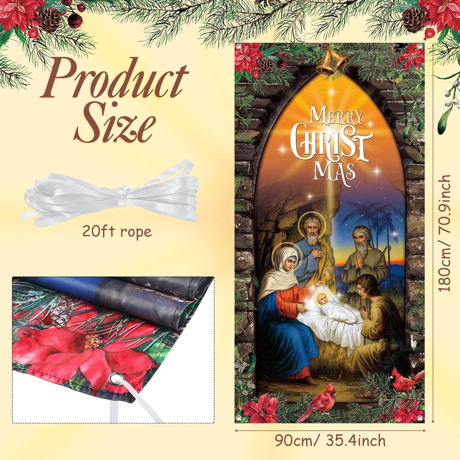 Christmas Decoration Outdoor Religious Door Cover Holy Nativity Front Door Hanging Backdrop Xmas Photography Background For Winter House Church Party Supplies, 70 X 35 Inch