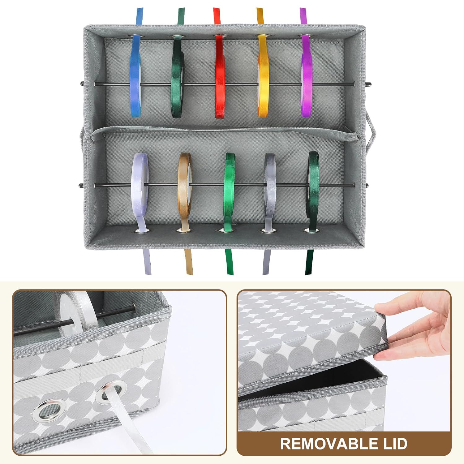 2 Pack Christmas Ribbon Organizer Container Box With Lid Gift Ribbon Organizer 11" X 14" X 5" For Craft Room(Grey,A)