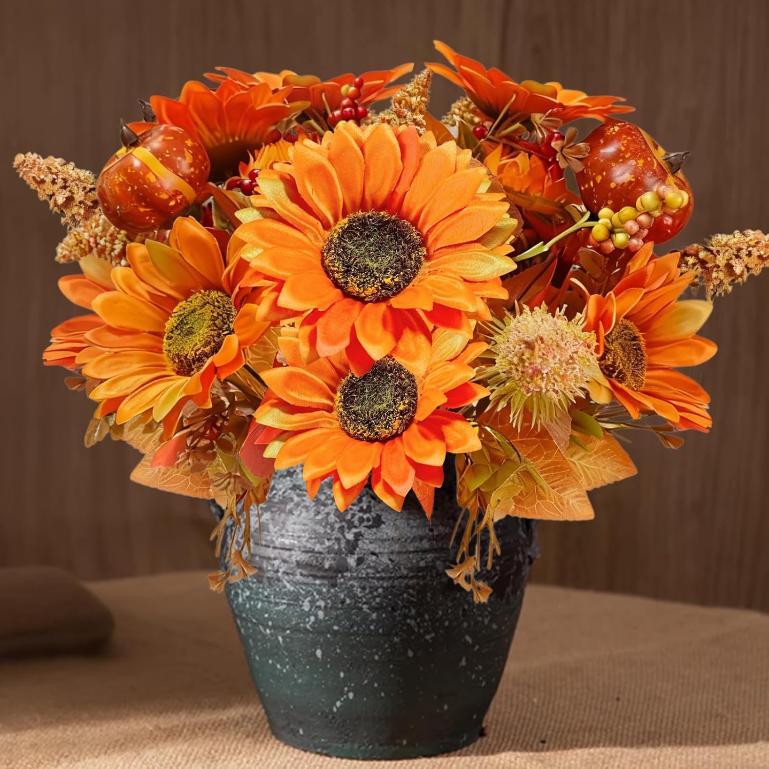 2Pcs Sunflowers Artificial Flowers, Fall Fake Sunflower Bouquet Silk Yellow Flowers For Centerpieces Decor Party Table Gravesites Fall Floral Arrangements Wedding Home Decoration Home Decoration