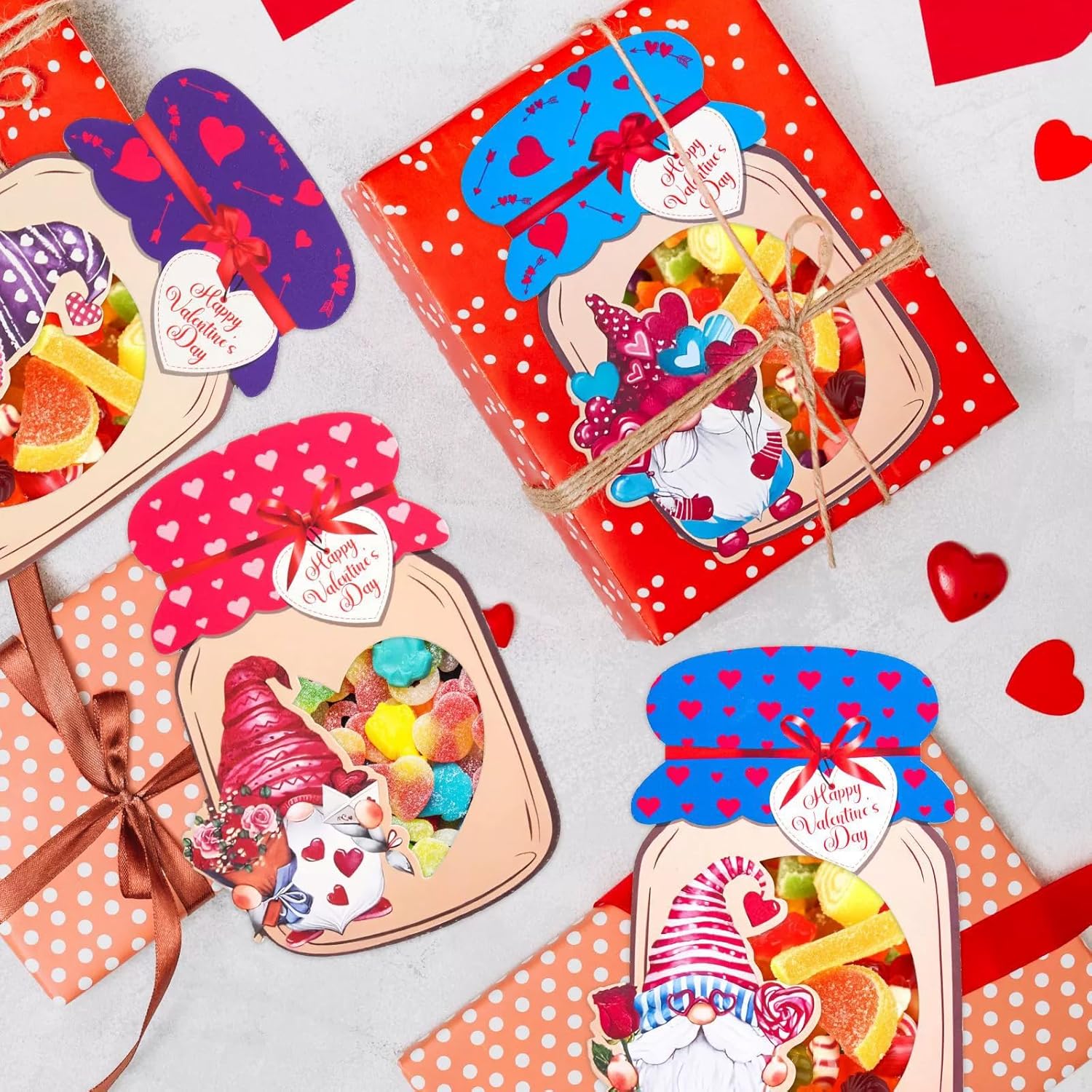 Valentine'S Day Cards For Kids, 48 Pack Happy Valentines Day Gnomes Mason Jar Cards With Treat Bags For Boys Girls Toddler School Class Classroom Exchange Party Favors(Candy Not Included)