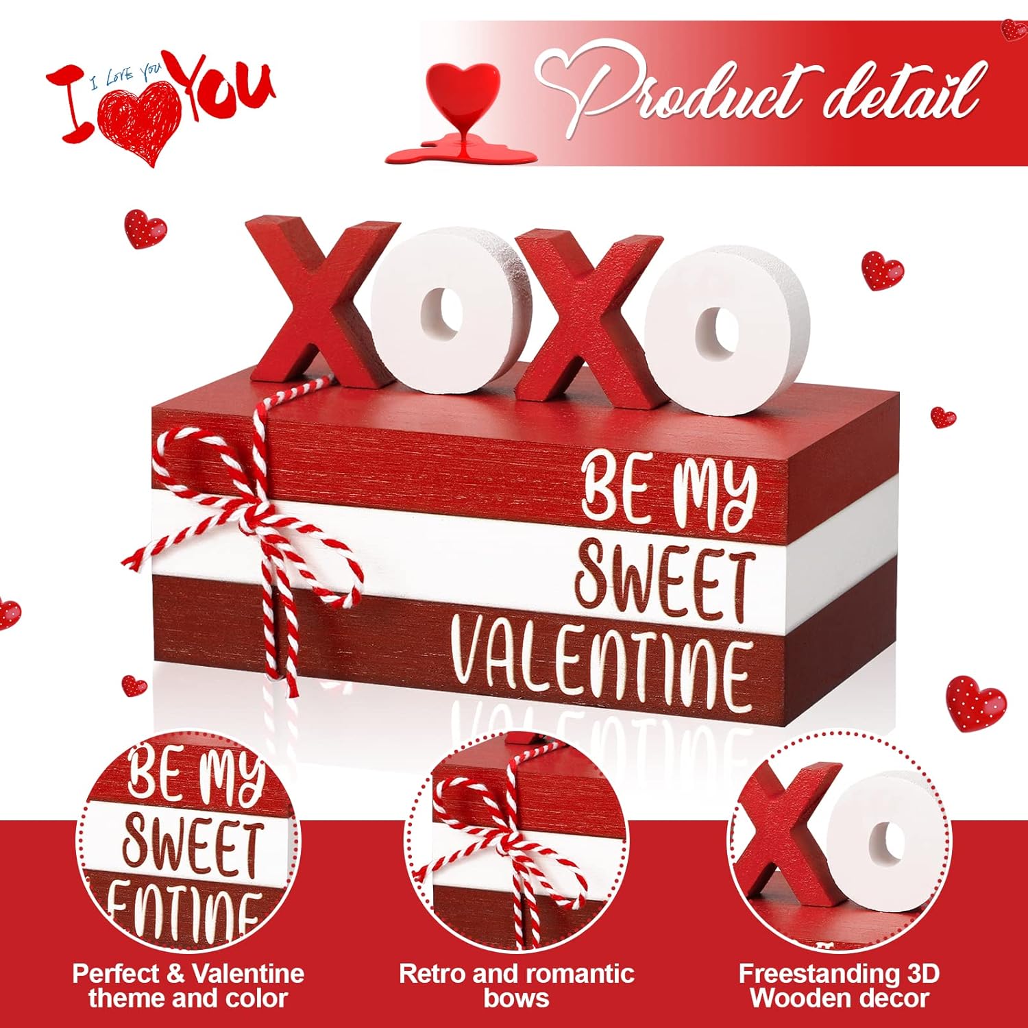 2 Pcs Red Tiered Tray Decor Bundle, Rustic Wood Decorative Book Stack,Be My Sweet Valentine Love Table Sign With Twine For Farmhouse Shelf Home Tiered Tray Decor(Red)