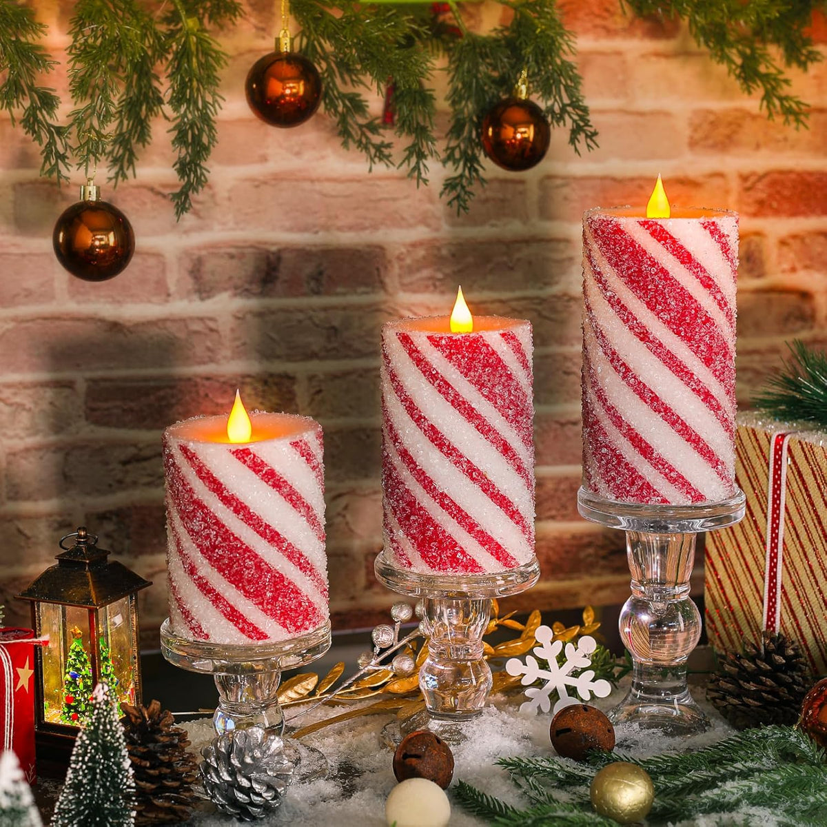 Christmas Flameless Pillar Candles Decor - 3Pcs Candy Cane Stripe Real Wax Red And White Led Candles With Battery Operated For Home Christmas, New Year, Winter Wedding Party Decoration Or Gift