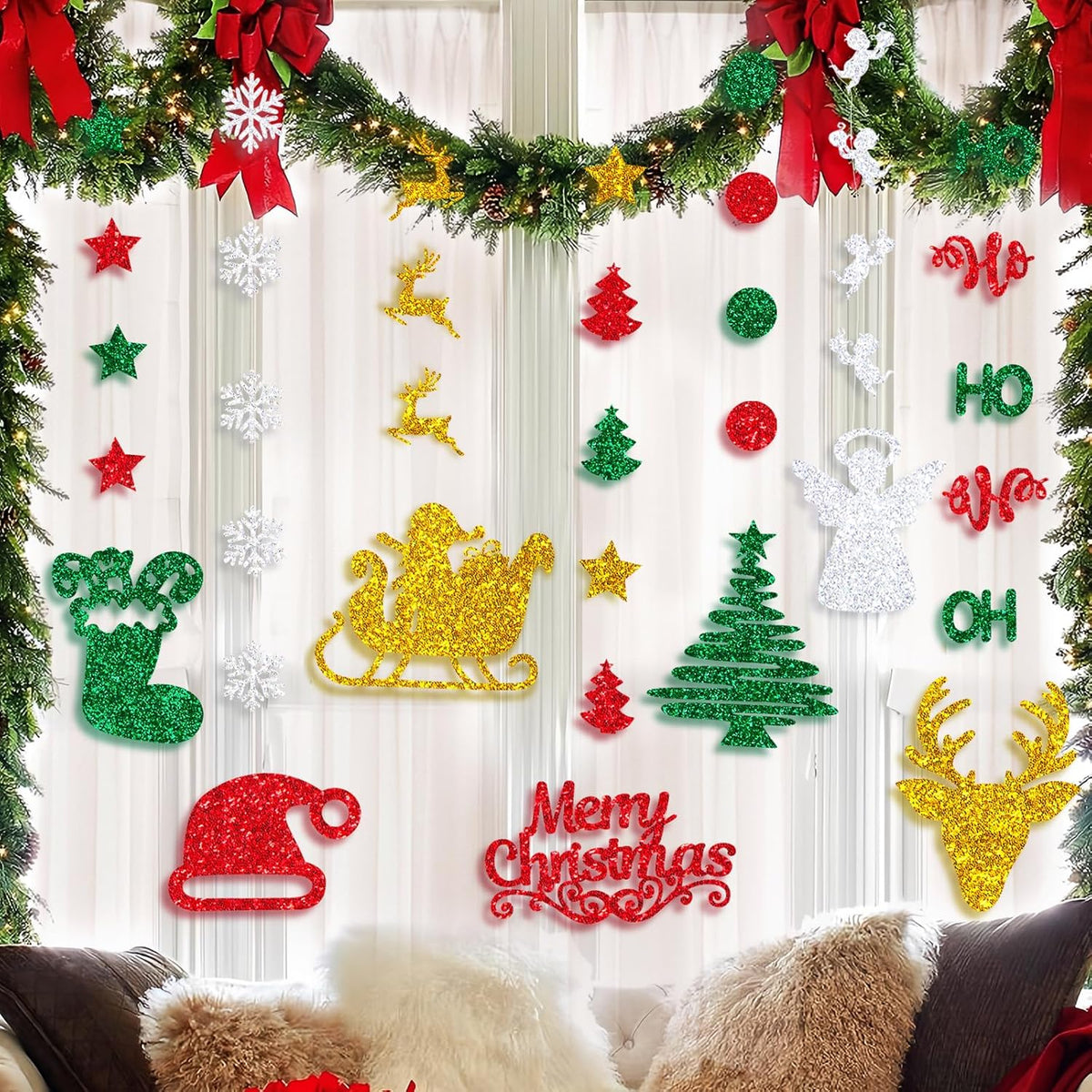 Glitter Christmas Hanging Banner Garland Decorations - Reindeer, Santa Hat, Stocking, Tree, Santa Claus And More - Indoor/Outdoor Party Supplies For Birthday, Home, Office, Classroom