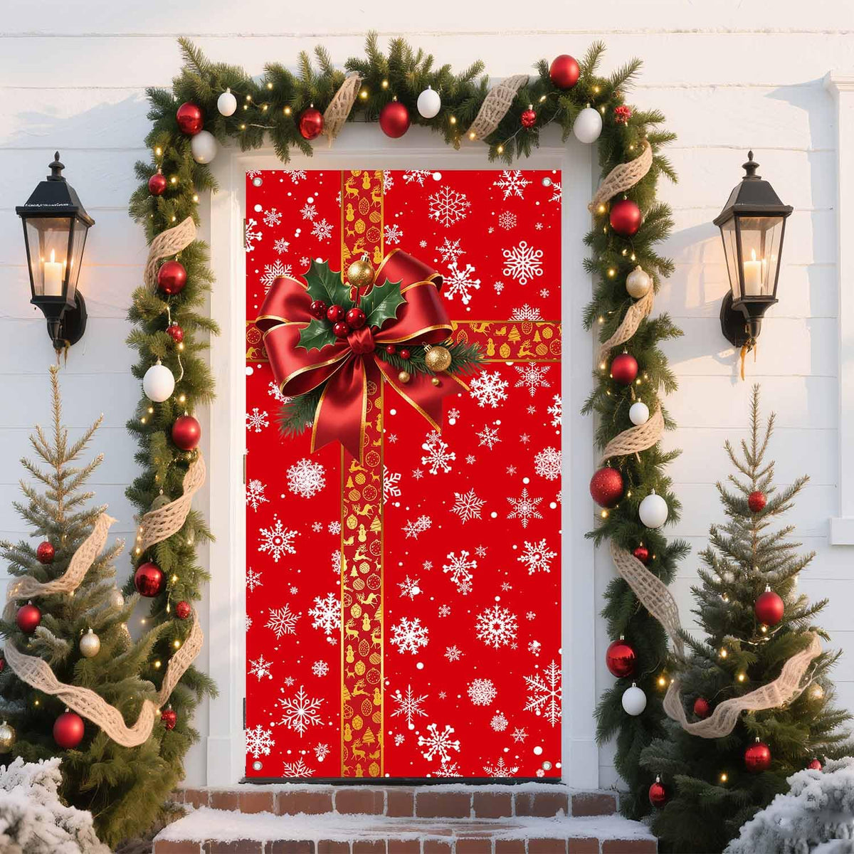 Christmas Door Cover Merry Christmas Decorations Red Gift Box Snowflake Photography Backdrop For Home Wall Outdoor Indoor Front Door Banner Party Supplie, 70.8X35.4 Inch