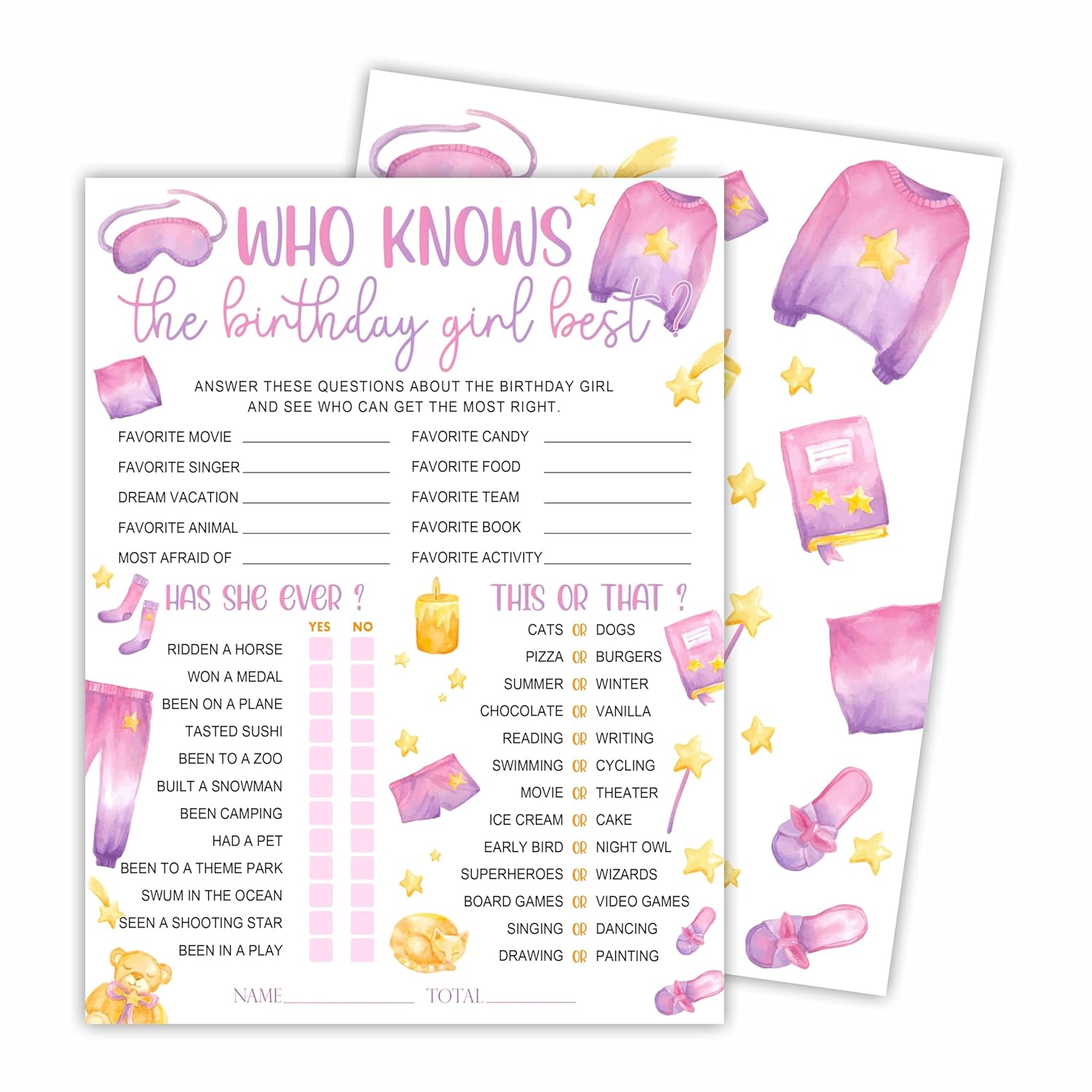 6"X8" Who Knows The Birthday Best - Watercolor Girl'S Slumber Party - Funny Double-Sided 3-In-1 Game Card Set For Birthday Party, Sleepover Party Activities Supplies (20 Pcs)- A06
