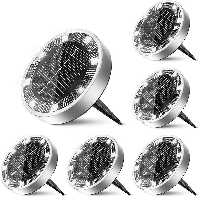 6 Pack Mini Solar Ground Lights 8 LED Cool White IP65 Waterproof Flat Disc Pathway Lights