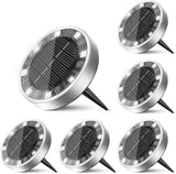 6 Pack Mini Solar Ground Lights 8 LED Cool White IP65 Waterproof Flat Disc Pathway Lights
