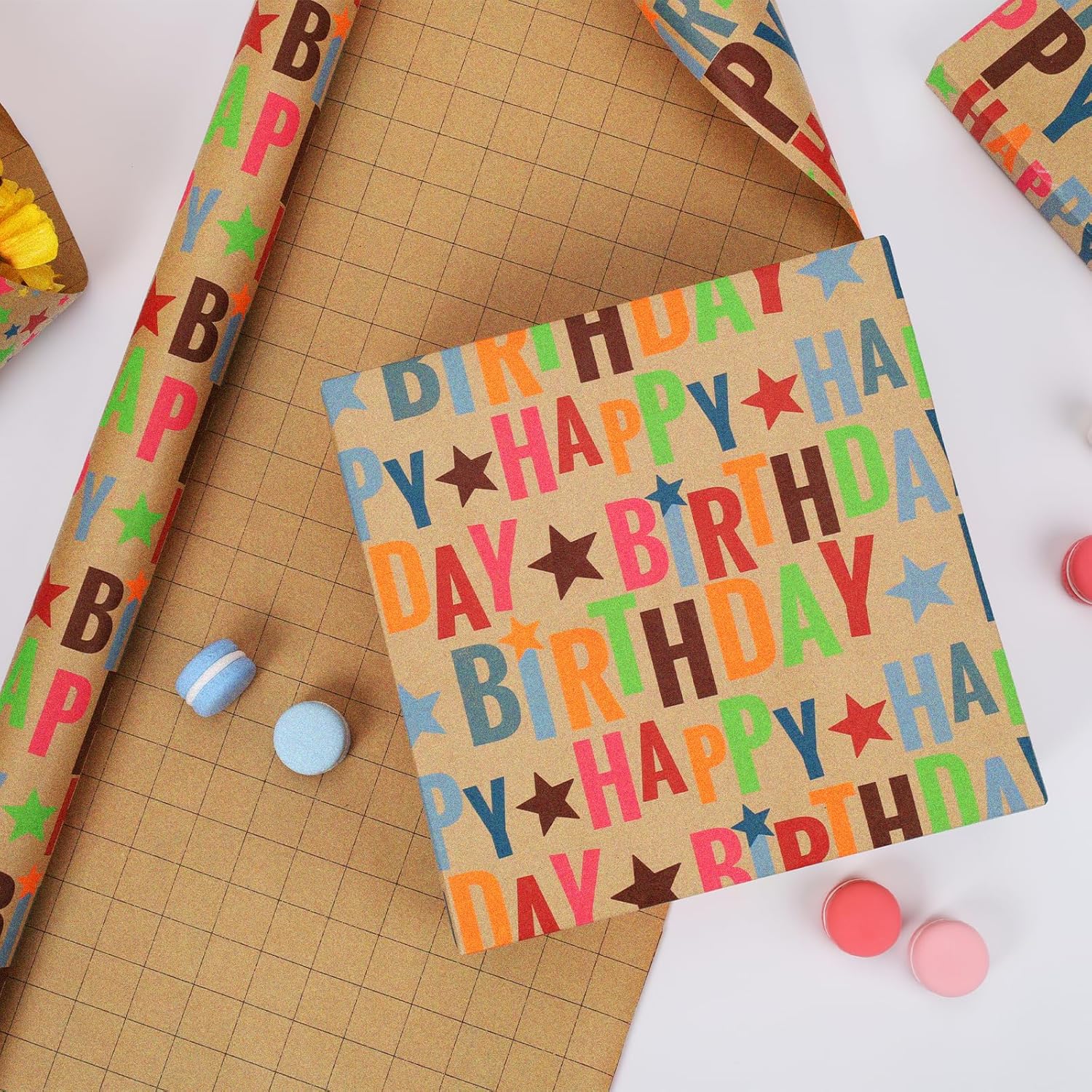 Birthday Wrapping Paper Roll For Kids, 17 Inch X 16.5 Feet Kraft Gift Wrap Paper With Colorful Text Happy Birthday Pattern For Boys Holiday Party