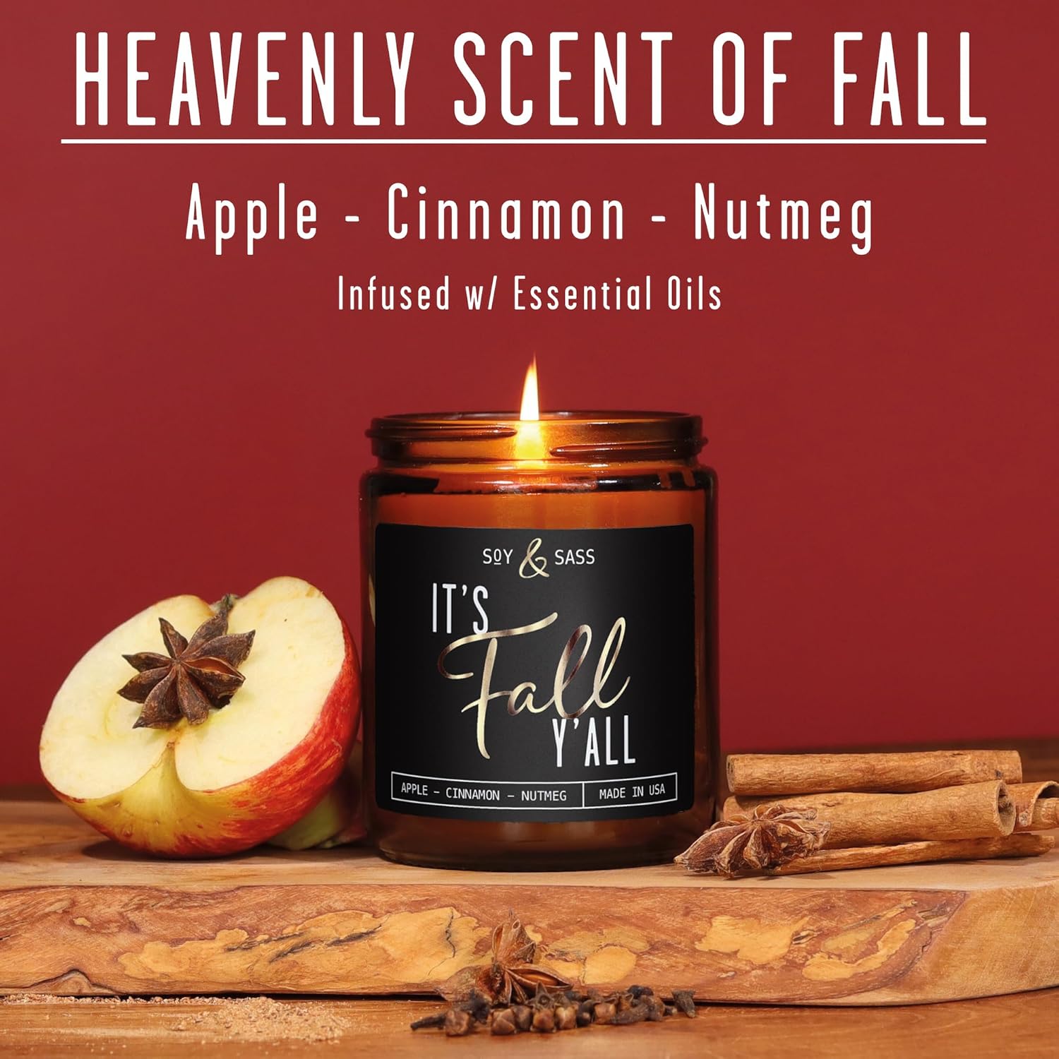 Fall Candles - 'It'S Fall Yall' Fall Candle W/Apple Cinnamon & Nutmeg I Infused With Essential Oils I Autumn Fall Scented Candles I Cozy Cute Fall Décor Fall Gifts I 9Oz Jar I 50Hr Burn I Made In Usa
