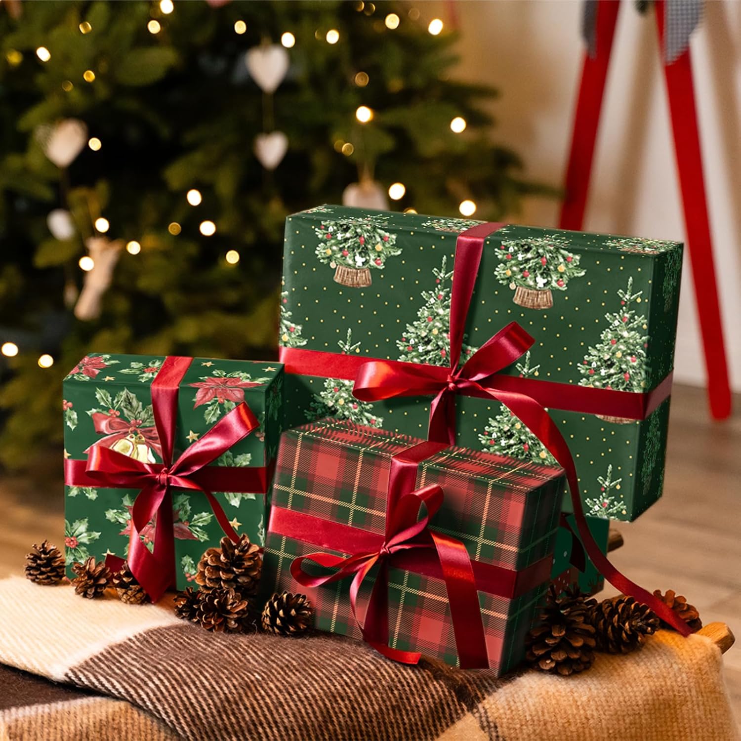Christmas Wrapping Paper 6 Sheets, Vintage Green Christmas Trees, Poinsettia, Red Bow Bells, Red Green Buffalo Plaid, Folded Flat For Holidays Party 19.7" X 27.5" Per Sheet