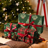 Christmas Wrapping Paper 6 Sheets, Vintage Green Christmas Trees, Poinsettia, Red Bow Bells, Red Green Buffalo Plaid, Folded Flat For Holidays Party 19.7" X 27.5" Per Sheet