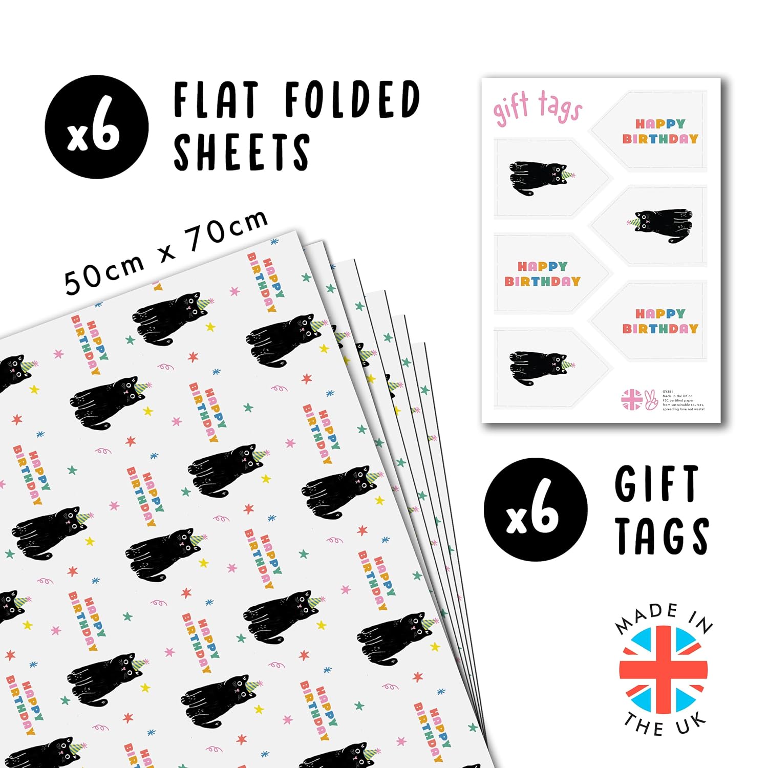 Cat Birthday Wrapping Paper - 6 Sheets Of Gift Wrap - Black Cats - Happy Birthday Text - White Gift Wrapping Paper For Men Women - Recyclable