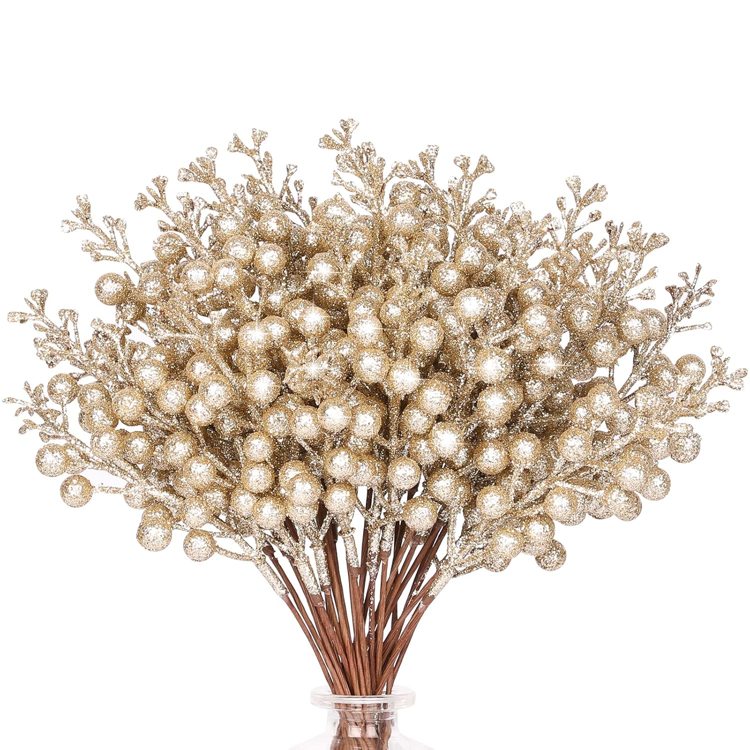 36Pcs Christmas Glitter Berries Stems, 9.5 Inch Artificial Christmas Tree Picks For Christmas Tree Decorations Ornaments Diy Crafts Vases Holiday Wedding Home Xmas Decor(Champagne)
