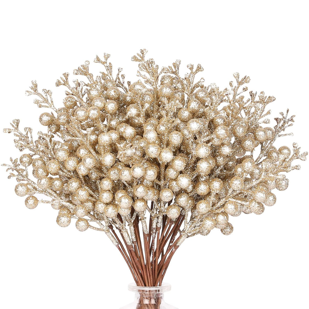 36Pcs Christmas Glitter Berries Stems, 9.5 Inch Artificial Christmas Tree Picks For Christmas Tree Decorations Ornaments Diy Crafts Vases Holiday Wedding Home Xmas Decor(Champagne)