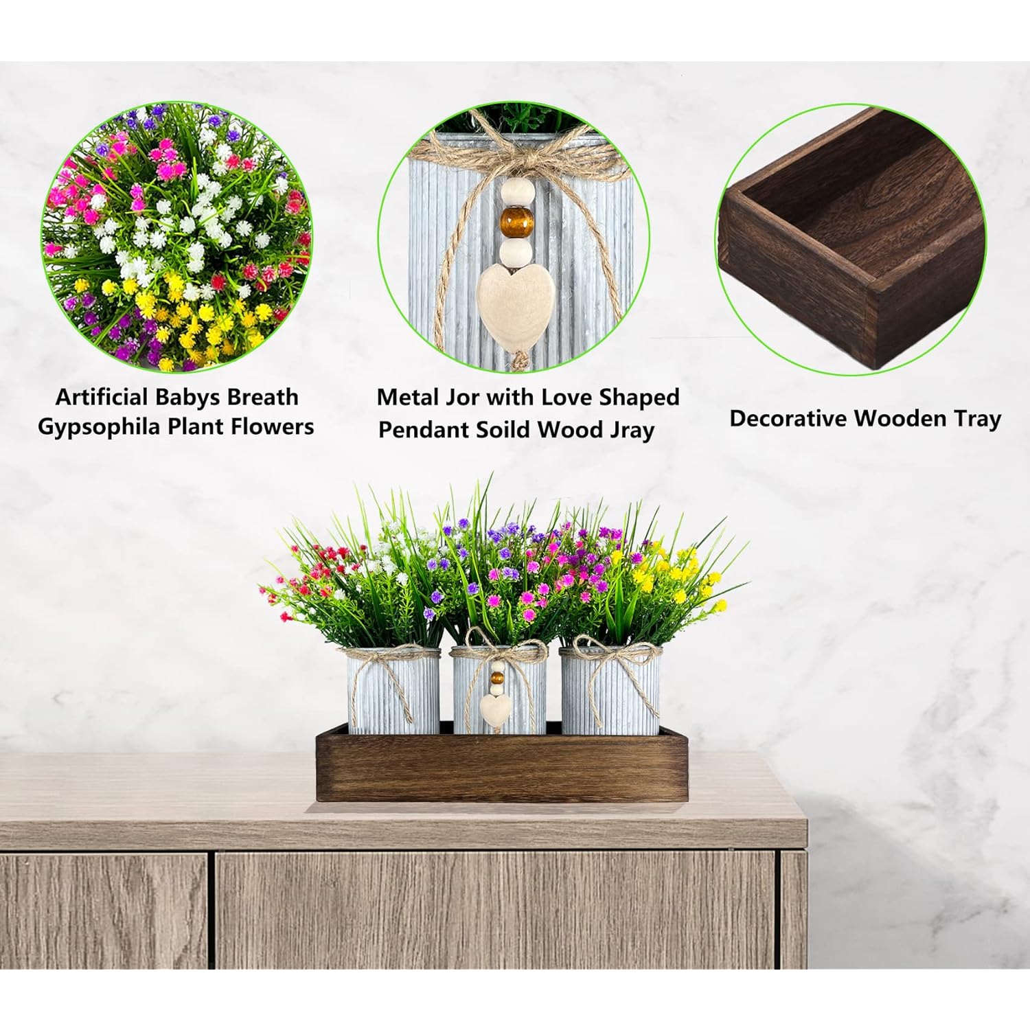 Decorative Centerpiece Wooden Tray With 3 Metal Potted Artificial Babys Breath Gypsophila Plant Flowers Rustic Country Farmhouse Décor For Dining Room, Living Room And Kitchen Table