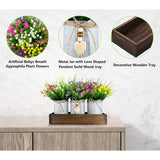 Decorative Centerpiece Wooden Tray With 3 Metal Potted Artificial Babys Breath Gypsophila Plant Flowers Rustic Country Farmhouse Décor For Dining Room, Living Room And Kitchen Table