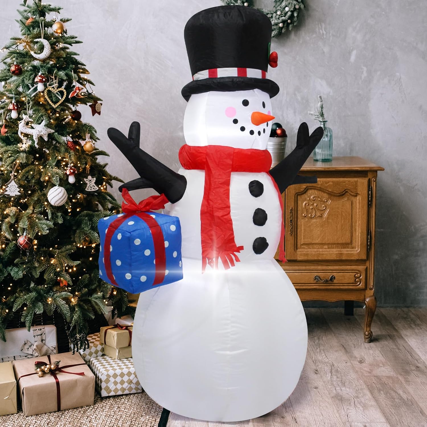 Christmas Inflatable Snowman Decoration,4 Feet Blow Up Snowman With Hat Red Scarf Outdoor Decor Built-In Led Lights,Perf