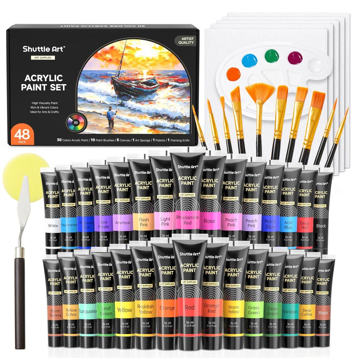 48 Pack Acrylic Paint Set, 30 Colors Acrylic Paint (36Ml) With 10 Brushes 5 Canvas 1 Paint Knife 1 Palette 1 Art Sponge, Complete Set For Kids, Adults Painting On Canvas Rocks Wood Ceramic