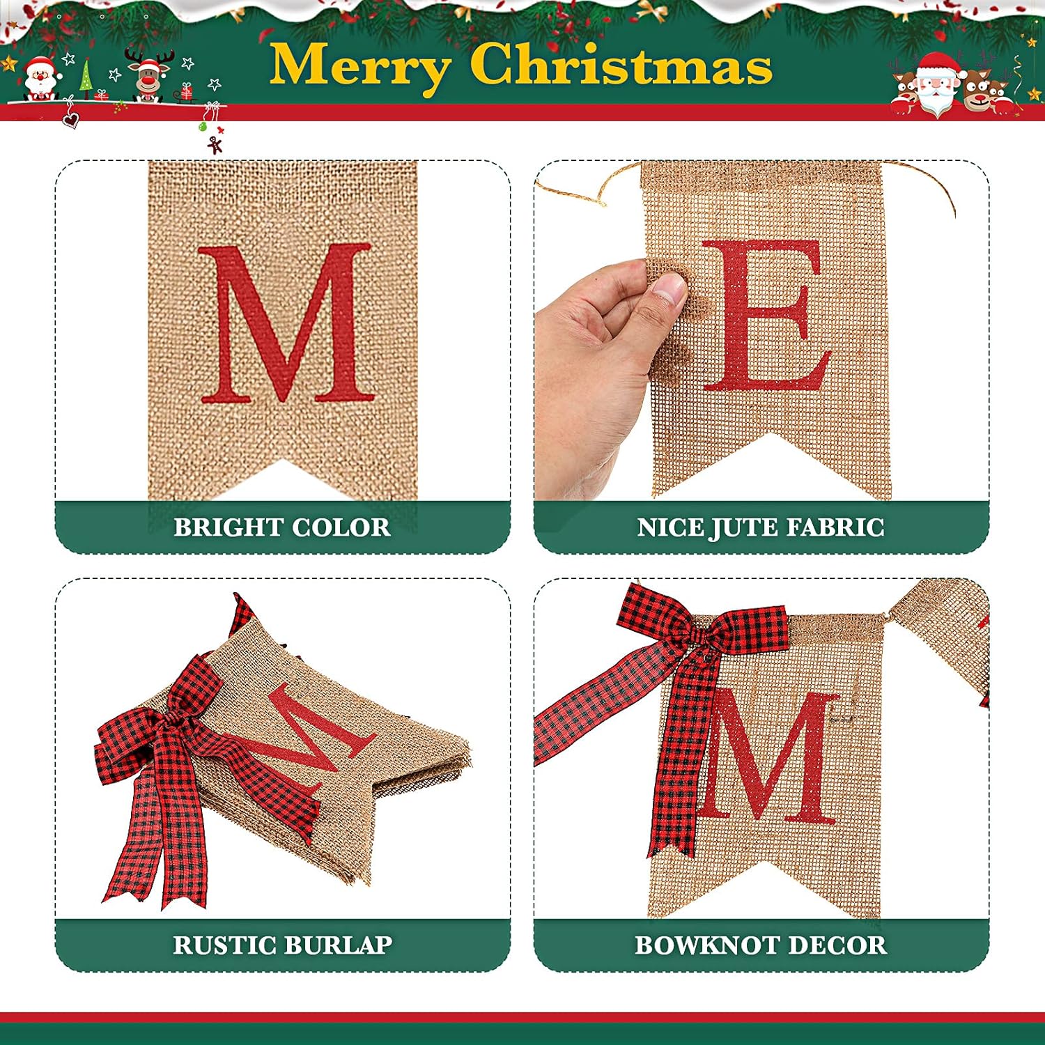 Merry Christmas Banner Xmas Burlap Bunting Garland Christmas Decorations For Fireplace Chimney Wall Tree Party Indoor Outdoor Party Office Classroom(Flaxen)