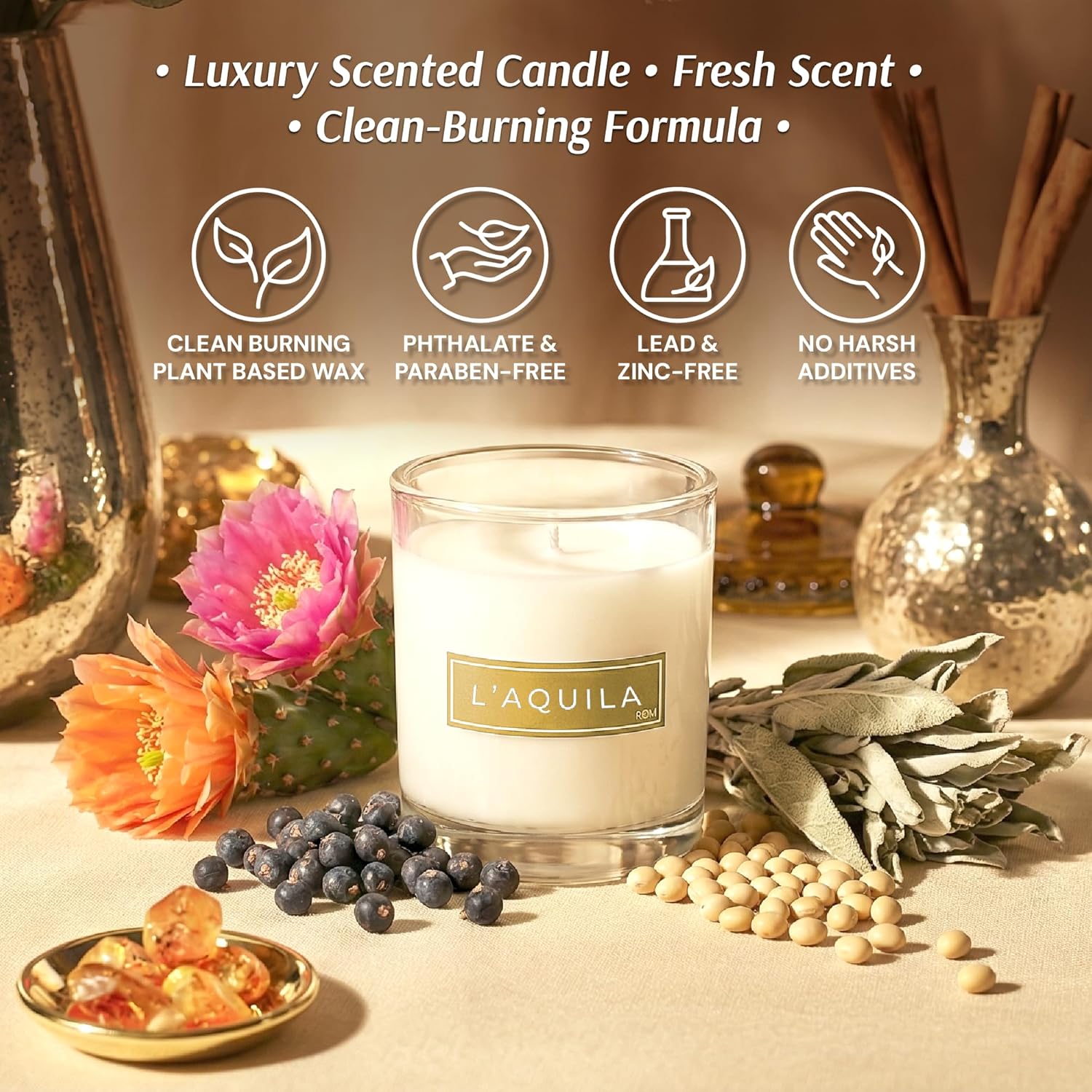 L’Aquila Luxury Scented Candles, Natural Plant Based Wax With Bergamot And Fig Notes, Long Lasting 60 Hours Burn Time, 9Oz Glass Jar Candles For Home, Relaxation & Gifts