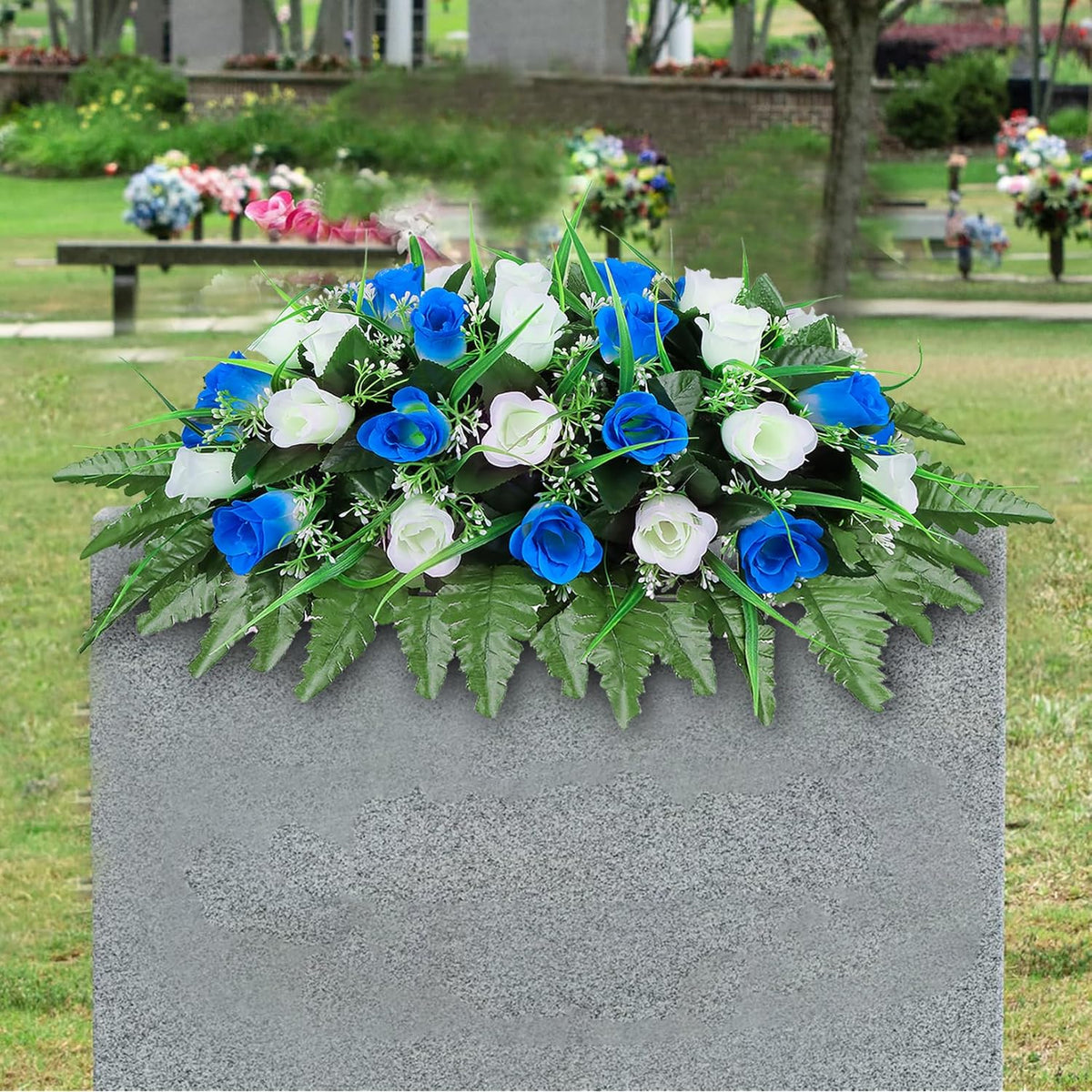Artificial Cemetery Flower-Outdoor Grave Saddle Headstone Decorations,Blue And White Rose Memorial Day Flowers For Gravesite (Blue And White)…