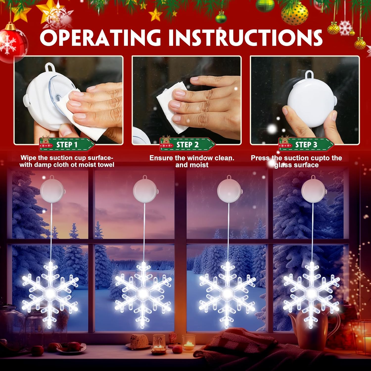 Christmas Decorations 3Pcs White Snowflake Window Lights With Suction Cup Battery Operated Christmas Lights, Hanging Lig