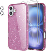 iPhone 16 Glitter Case, 2 Screen & Camera Protectors, Bling Clear Bumper