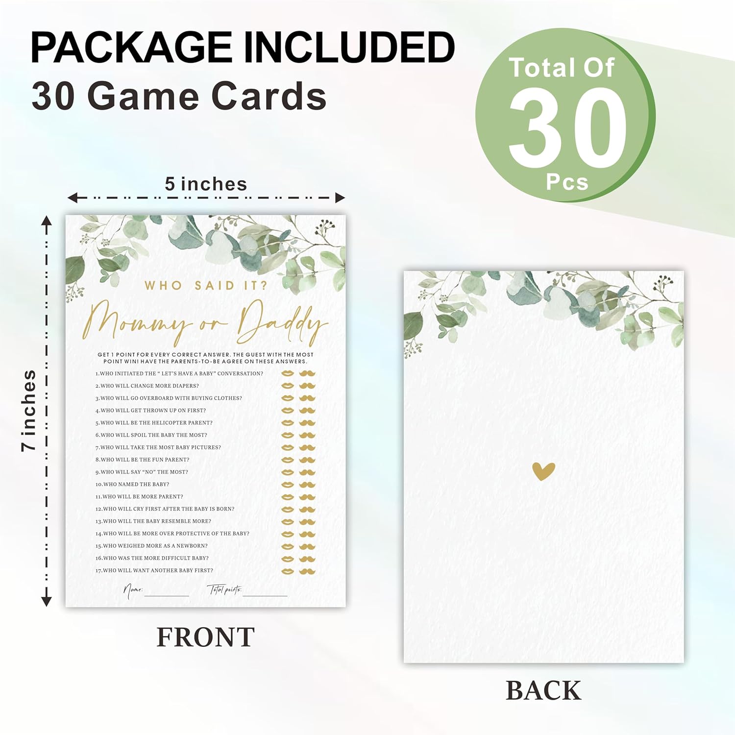 Guess Who Said It Mommy Or Daddy Baby Shower Game Cards - Golden Greenery - 30 Double-Sided Fill In Style Game Cards For Gender Reveal, Baby Announcement, Party Games & Activity - D04
