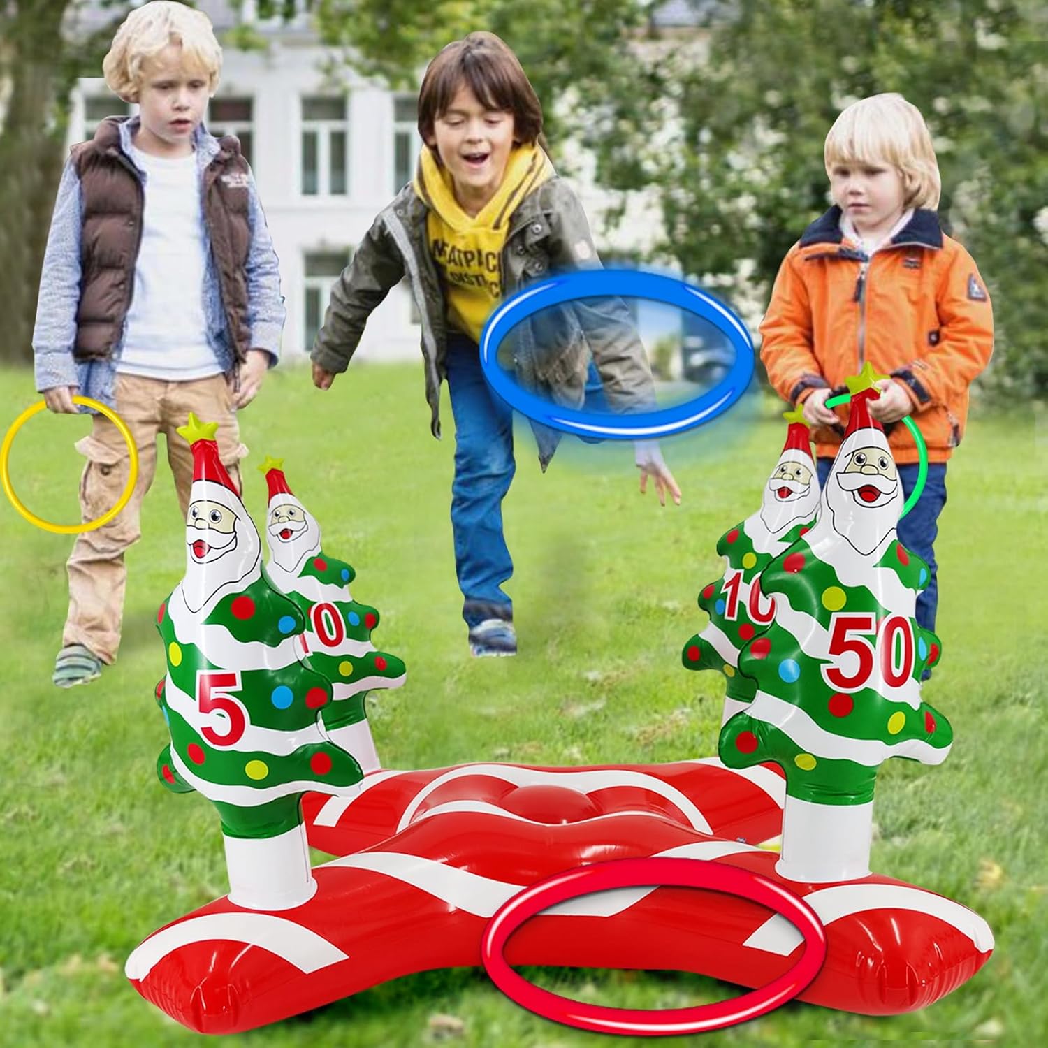 Giant Inflatable Christmas Tree Ring Toss Party Game Toys Kids Adults Family Stocking Stuffers Christmas Party Supplies Favors Decoration Indoor Outdoor Games(4 Score Santa Base, 4 Rings)