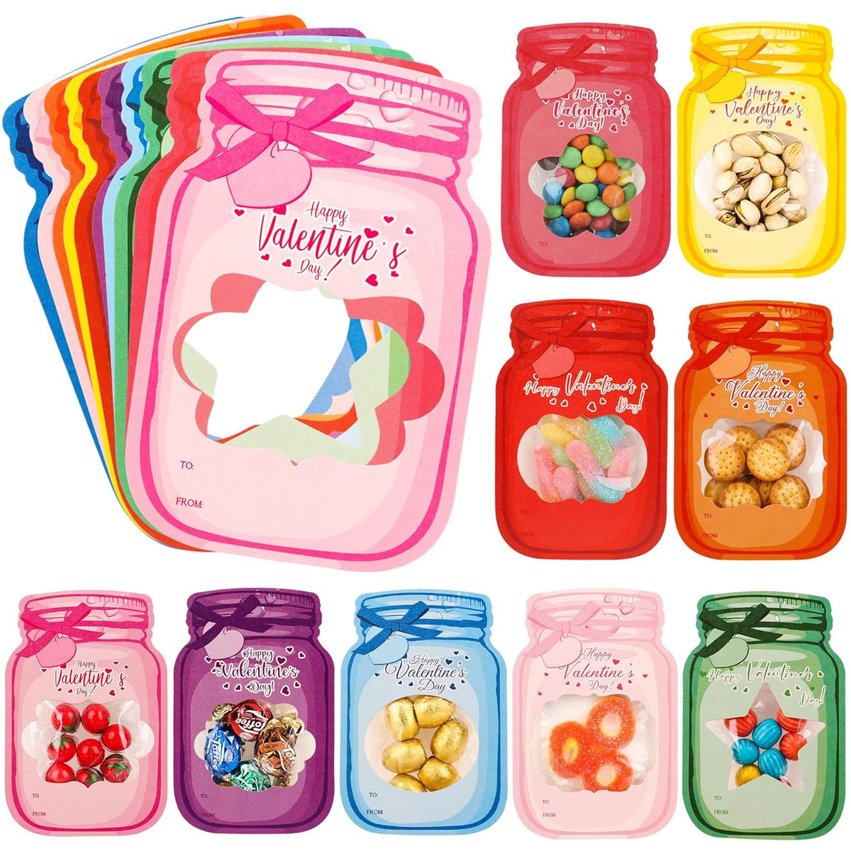 Valentines Day Cards For Kids Classroom – 50 Pack Candy Jar Colorful Valentine Cards With Treat Bags, Cute Kids Exchange Cards For School Activities & Parties (Candy Not Included)