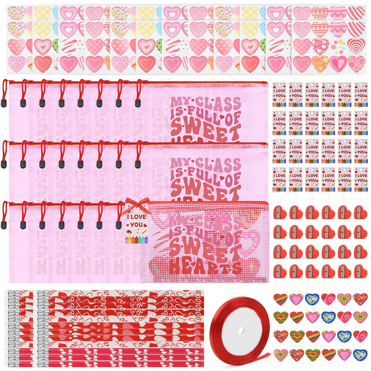 24 Pack Valentines Gifts For Students Classroom Exchange - Bulk Valentines Party Favors Birthday Goodie Bags Class Rewards Prizes Stationery Set With Reusable Zipper Pouches With Cards