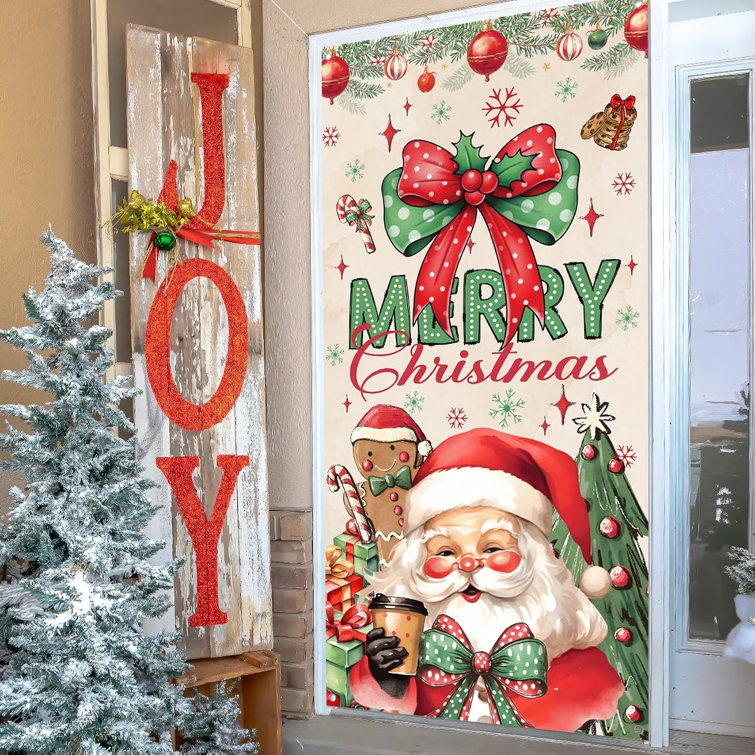 Christmas Door Cover,Santa Claus And Bow Door Cover Red Gingerbread Man Christmas Decorations,Merry Xmas Porch Banner Background,Hanging Banner For Xmas Holiday Eve New Years Party
