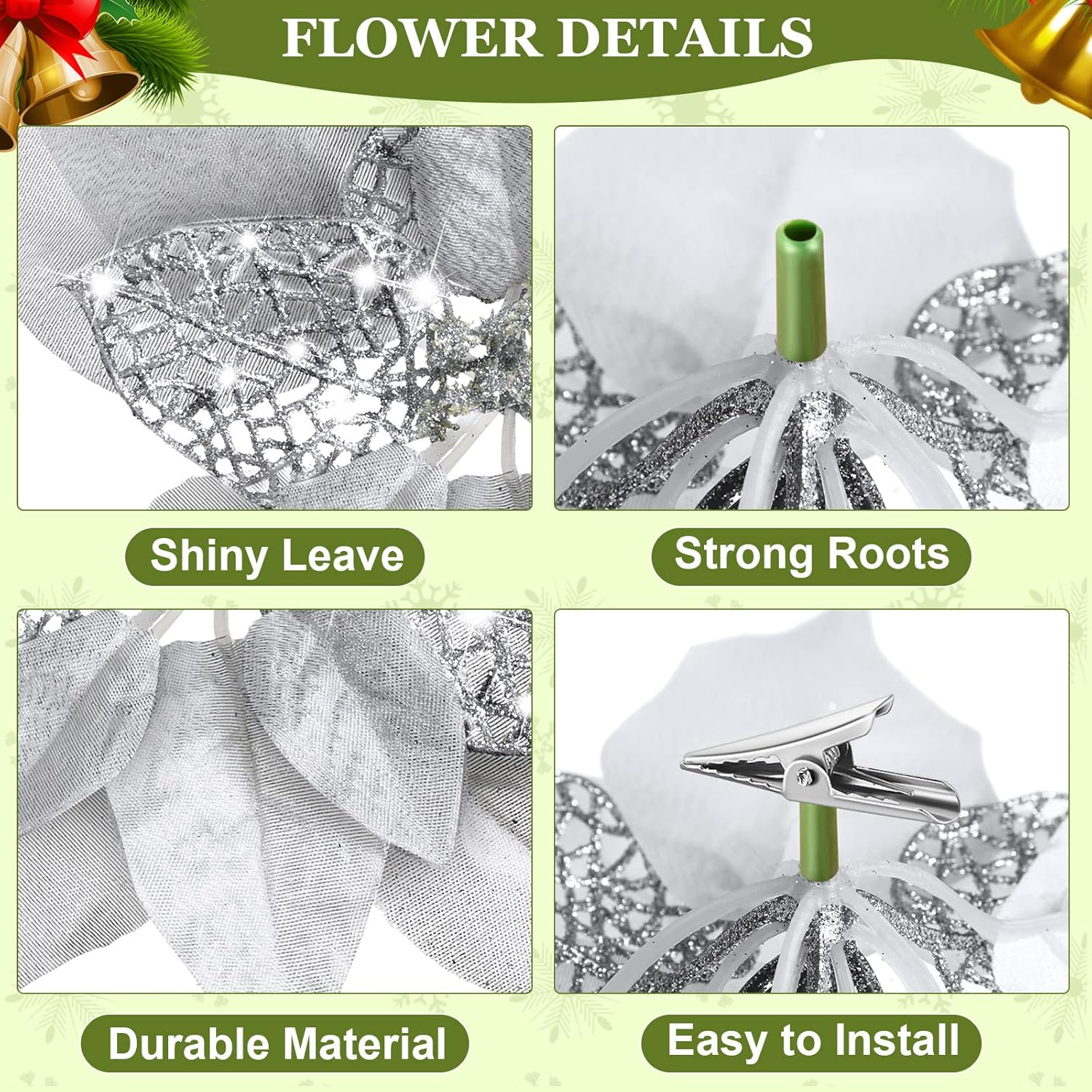 30 Pieces 8 Inches Large Christmas Artificial Poinsettia Flower Christmas Tree Glitter Faux Flowers Floral Wreath Garland Xmas Tree Ornaments For Wedding Holiday Wreath Diy (Silver)