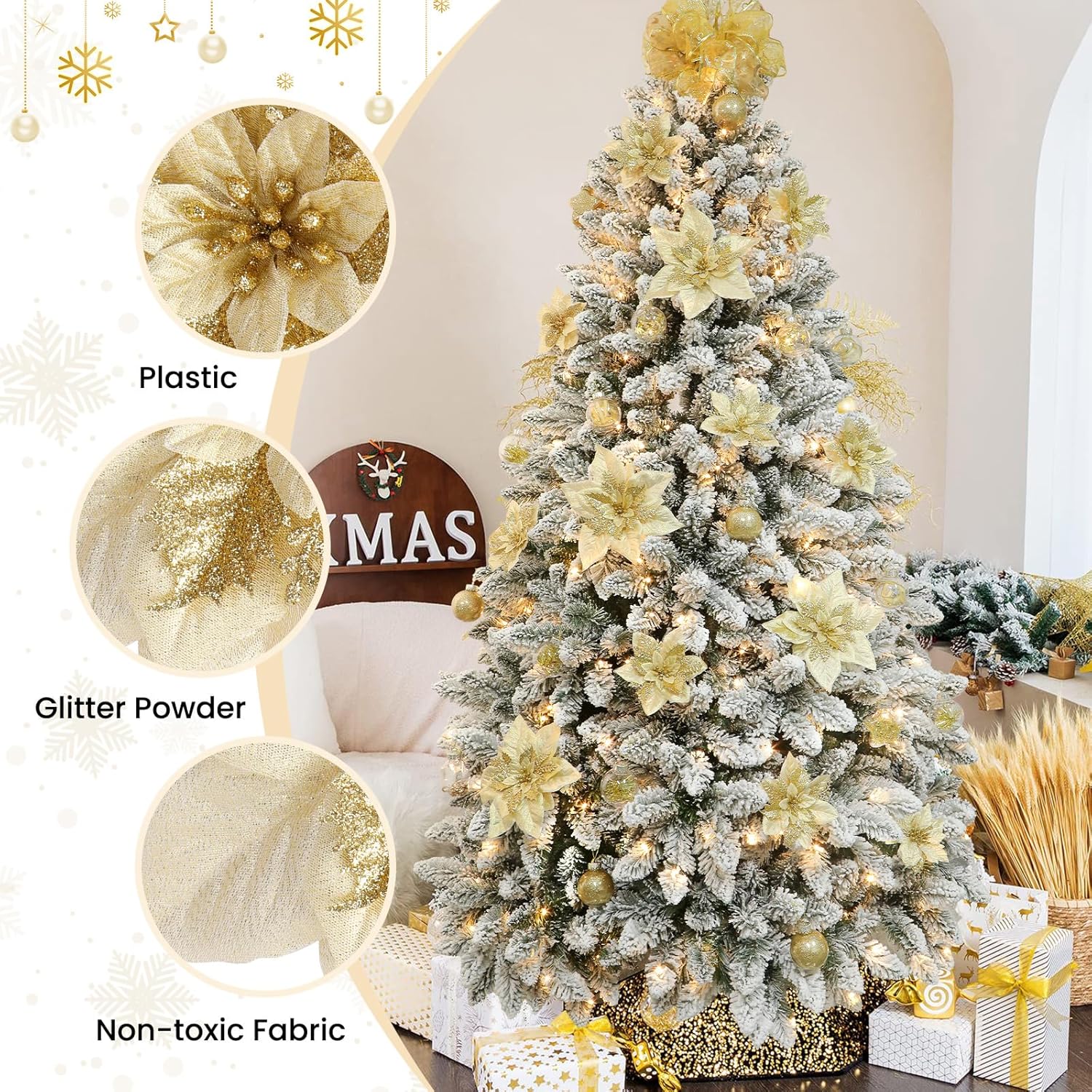 24Pcs 6"& 9 Inch Large Gold Artificial Poinsettia Christmas Flowers Decoration,Glitter Faux Ornaments For Xmas Tree Wreath Garlands New Year Home Decor, Gold