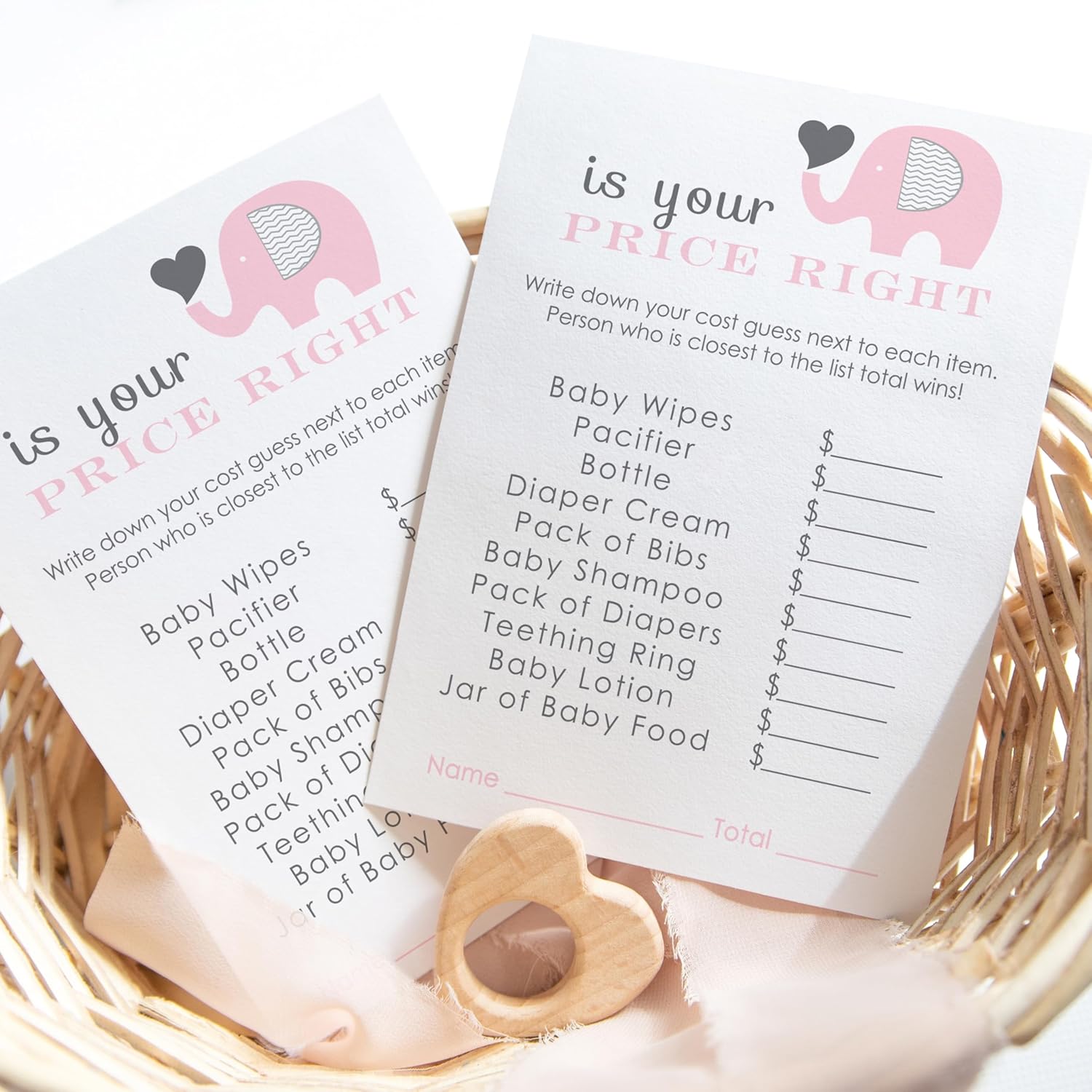 Pink Elephant Guess The Price Baby Shower Games - 25 Cards - Modern Princess Themed Baby Shower Game Ideas - Jungle Animal 4X6 Printed Set