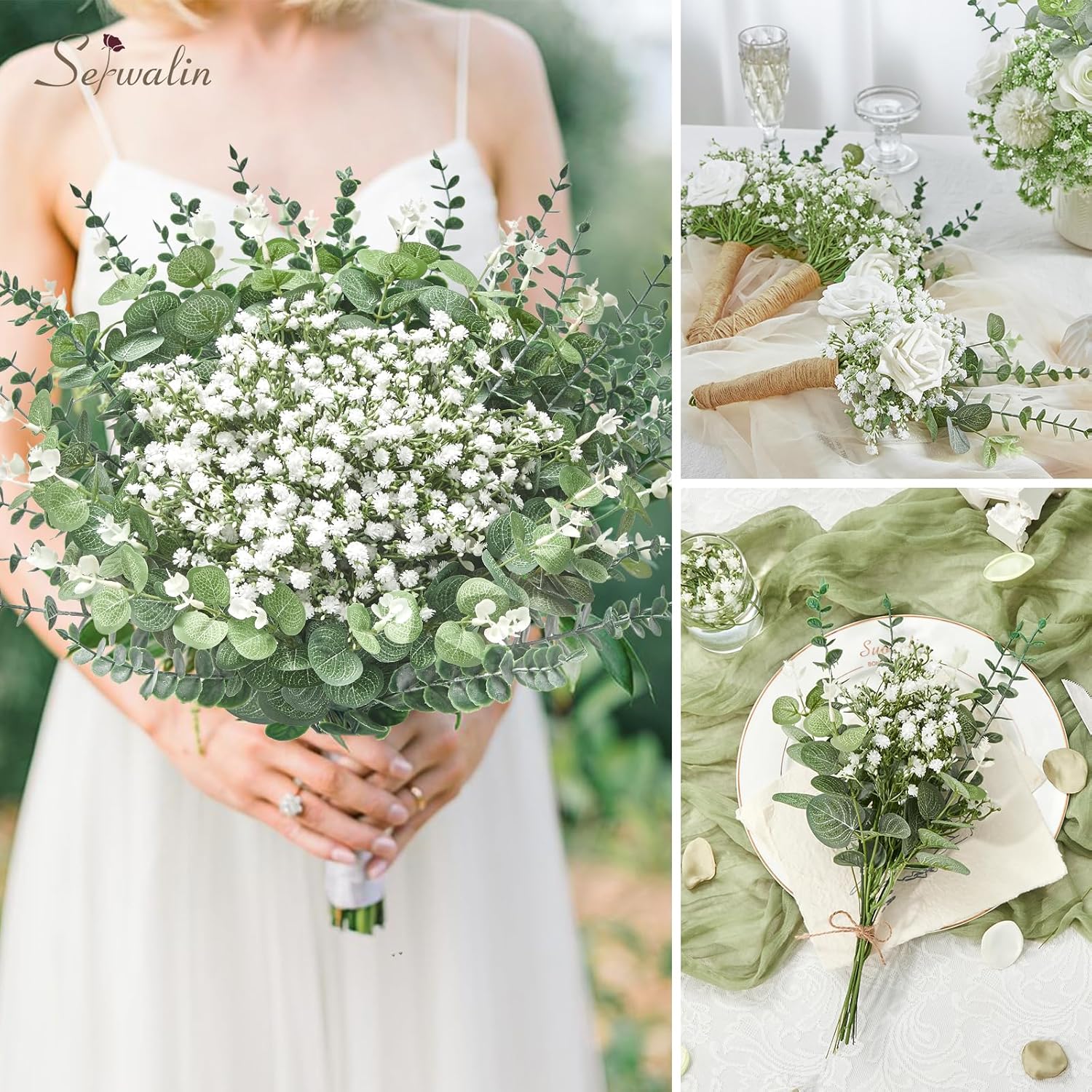 100 Pcs Mixed Artificial Eucalyptus Stems,Babys Breath Artificial Flowers Bulk With Faux Eucalyptus Leaves Greenery Stems For Wedding Diy Bouquets Floral Arrangement Home Decor