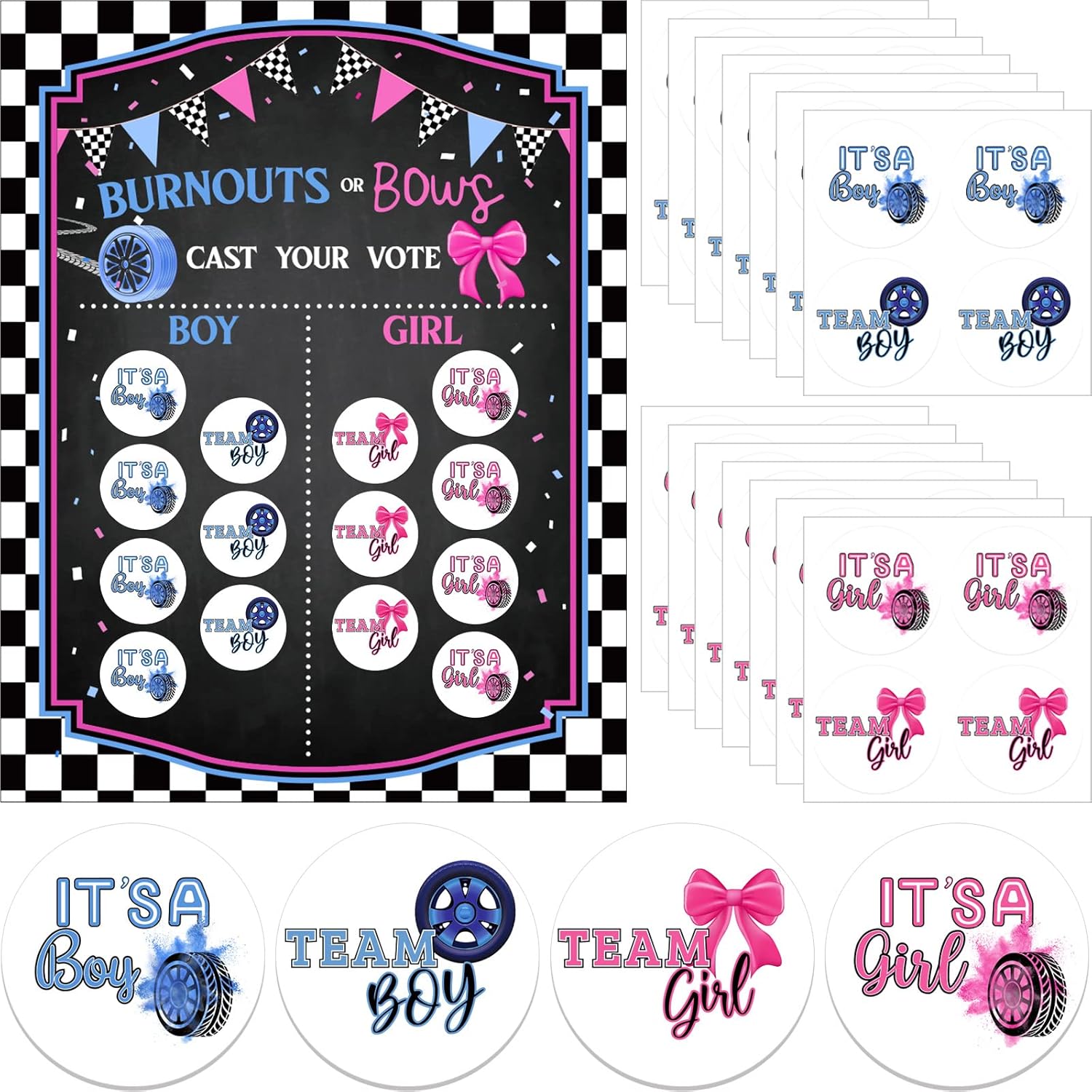 72 Pieces Burnouts Or Bows Gender Reveal Stickers And Gender Reveal Board For Voting Games And Party Invitations 2.67 Inch Team Boy And Team Girl Labels Sticker For Gender Reveal Parties Baby Showers