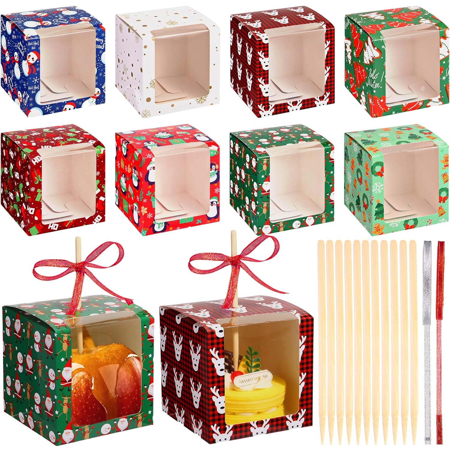 64 Pcs Cupcake Boxes With Window, Apple & Cookie Gift Boxes, 60 Bamboo Skewers, 2 Roll Glitter Ribbons For Christmas Party Favor