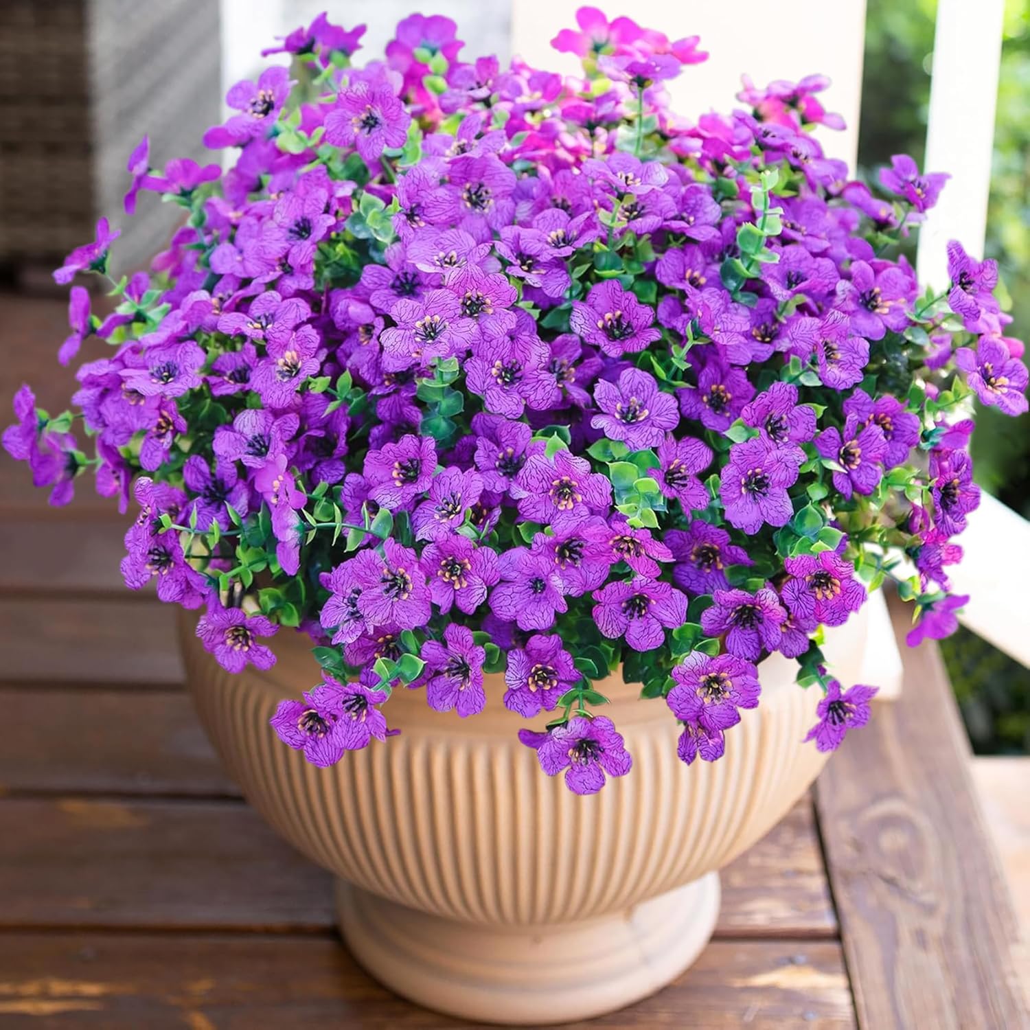 Artificial Flowers For Outdoor Indoor Garden Home Decoration, Faux Flower Daisy With Eucalyptus Leaves Fake Plants Greenery Boxwood Porch Patio, 12 Bundles (Purple)
